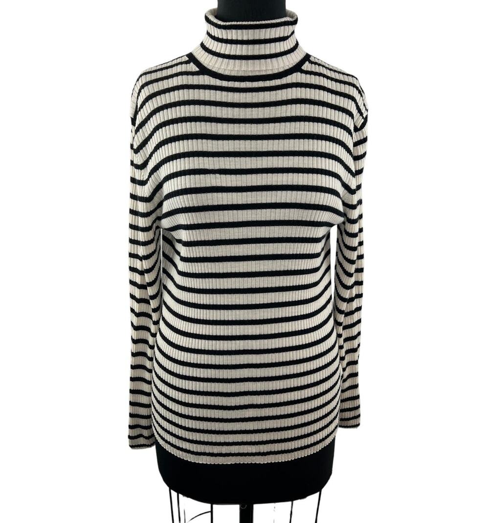 Massimo Dutti Beige Black Top Woo Cashmere Stripe High Neck Size X-Small XS NEW